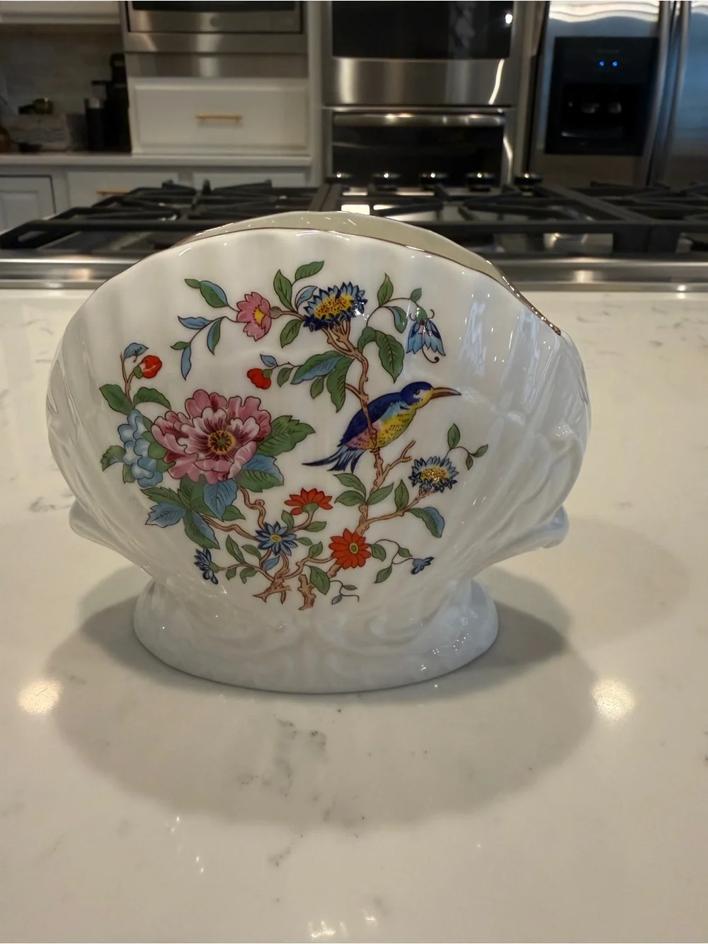 Vintage Aynsley Pembroke Bone China Shell Vase Bird Floral Gold Trim England